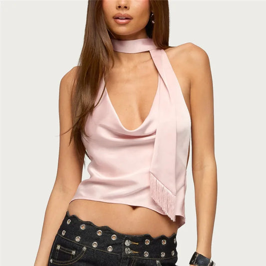 Women Pink Satin Halter Top Cowl Neck Backless Crop Top with Tassel Detail Tie Neck Choker Style for Party and Night Out