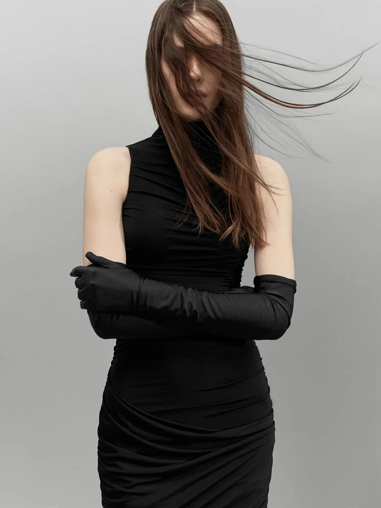 Women Sleeveless Turtleneck Bodycon Mini Dress Diagonal Ruched Wrap Hem Slim Short Dress Elegant Club Night Out Dresses