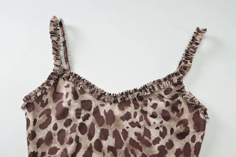 Leopard Print Fit and Flared Dresses Woman Clothing Sexy Frilly Sleeveless V Neck Backless Pleated Mini Dress