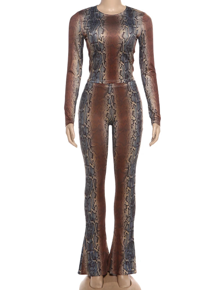 Hot Girls Serpentine Print 2Piece Set Woman o-Neck Full Sleeve Tops+Skinny Peach Hip Long Pants Street Sexy Fashion Suits