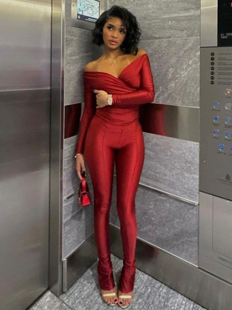 2 Piece Pant Sets Top Leggings Matching Sets Sexy Club Outfit Deep V Long Sleeve Jumpsuit Womens Fall Clothing