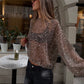 Y2K Glitter Sequins Mesh Sheer Long Sleeve Top Women Loose Bubble Cuff See Through Hollow Out Crop Blouse Summer Beach
