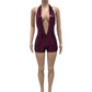 Bright Silk Backless Romper Women Sexy Hottie Halter Bandages Deep V-Neck Sleeveless Wild Trend Party Club Playsuits