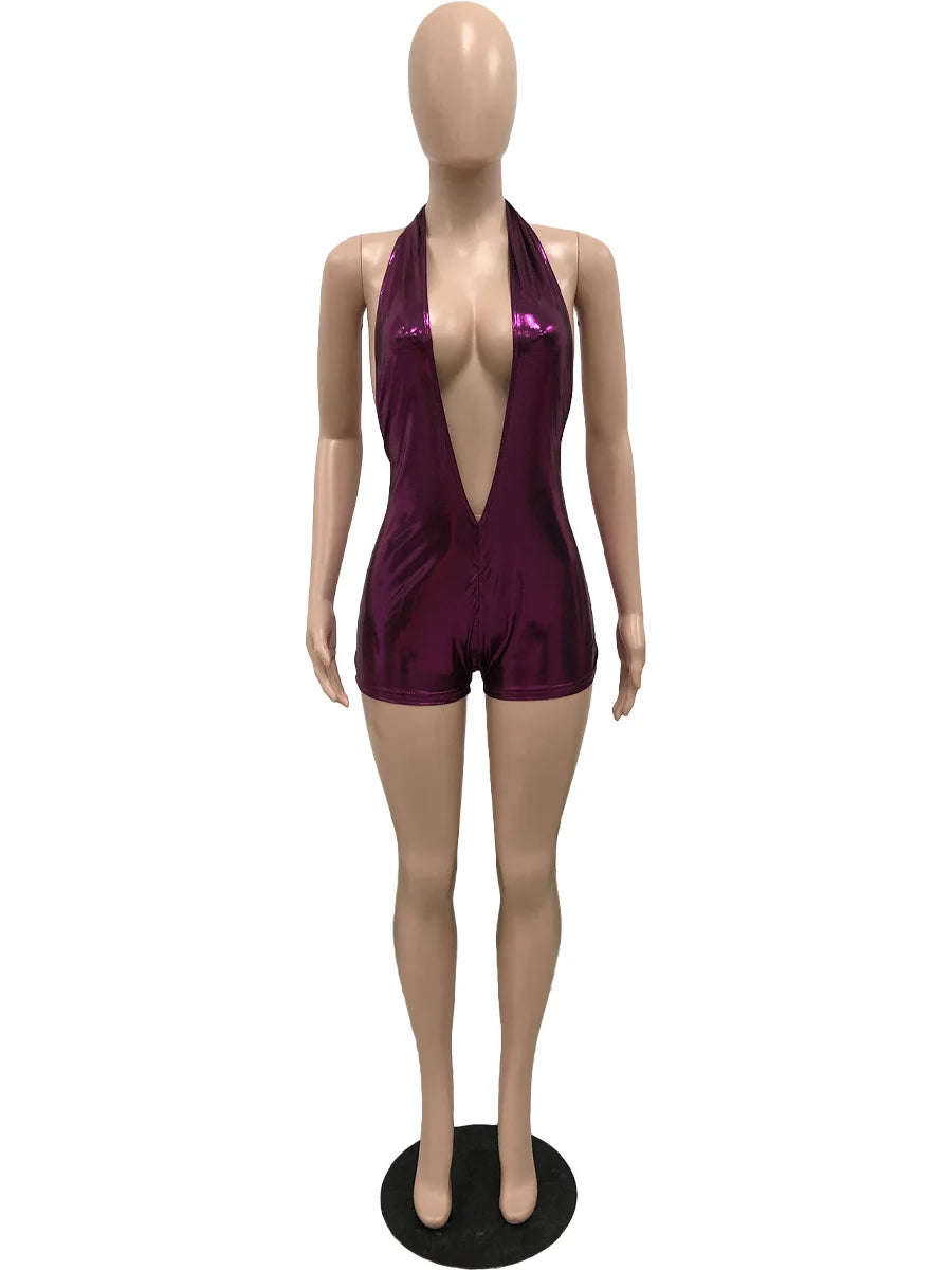 Bright Silk Backless Romper Women Sexy Hottie Halter Bandages Deep V-Neck Sleeveless Wild Trend Party Club Playsuits