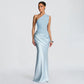 One Shoulder Pleated Satin Patchwork Fishtail Maxi Dresses Sexy Elegant Party Wedding Guest Dress Women