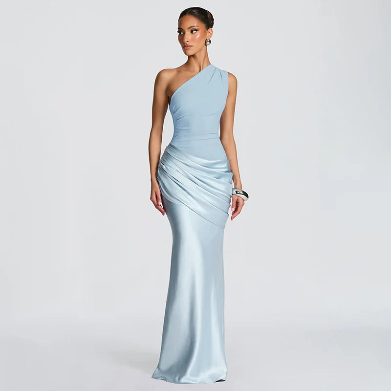 One Shoulder Pleated Satin Patchwork Fishtail Maxi Dresses Sexy Elegant Party Wedding Guest Dress Women
