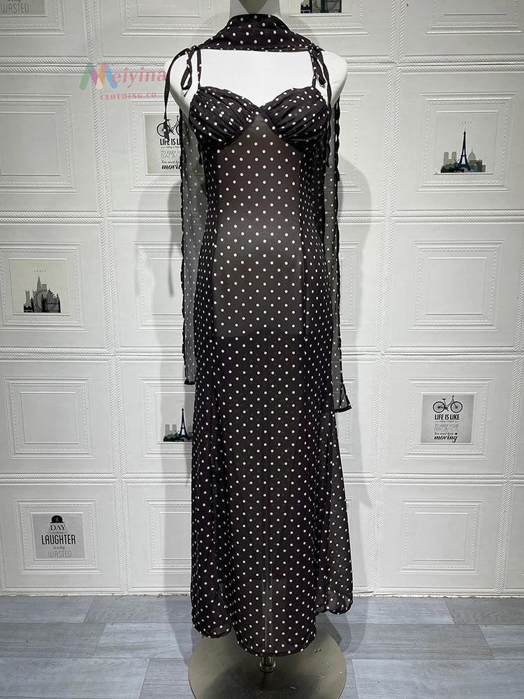 Polka Dot Backless Sexy Maxi Dress Women Elegant Sweetheart Neck Spaghetti Strap Sleeveless Bodycon Club Party Dresses