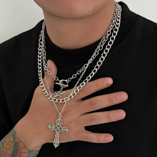 3 Pcs/Set Hip Hop Punk Silver Color Cross Star Pendant Necklace Men Kpop Creative OT Buckle Chain Necklace Daily Jewelry