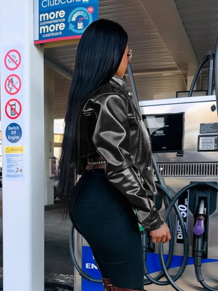 Irregular PU Jacket Women Sexy Stand Collar Magnetic Snap Button Chic Waistless Street Clubwear Hipster Autumn Coat