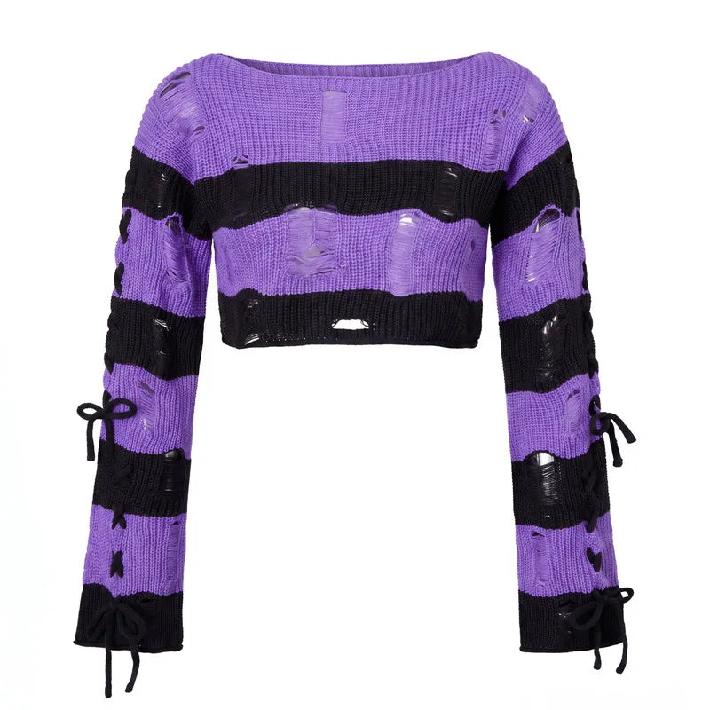 Y2K Punk Distressed Striped Crop Knit Sweater Women Cross Lace Up Side Long Sleeve Ripped Hole Gothic Streetwear Top
