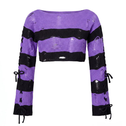 Y2K Punk Distressed Striped Crop Knit Sweater Women Cross Lace Up Side Long Sleeve Ripped Hole Gothic Streetwear Top