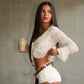 Tie Front Ruffled V Neck Long Sleeve Crop Tops Boho White Shirts & Blouses Woman Clothing Fall 2025 Fashion