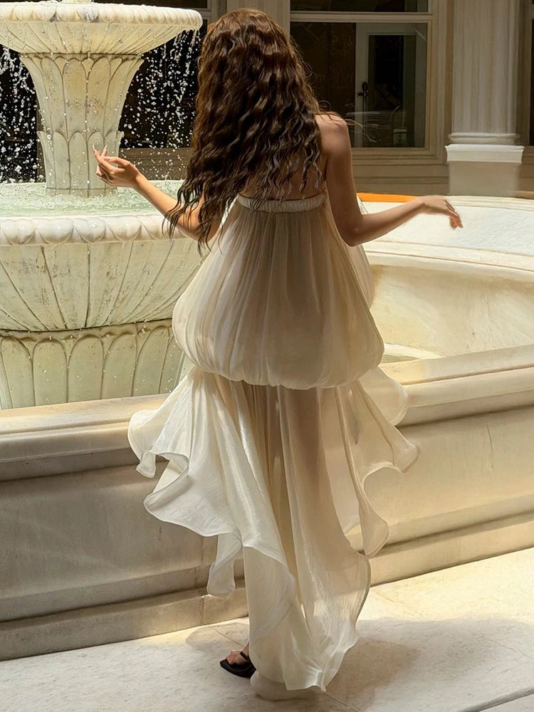 Birthday Maxi Dress Women Party  Bow Tassel Decoration Irregular Ruffles Hem Chest Wrap Folds Sleeveless Elegant Bodycon