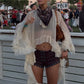 Women's Sheer Chiffon Ruffle Blouse Boho Flowy Kimono Sleeve Tie Neck Cover Up Top for Music Festival Beach Vacation