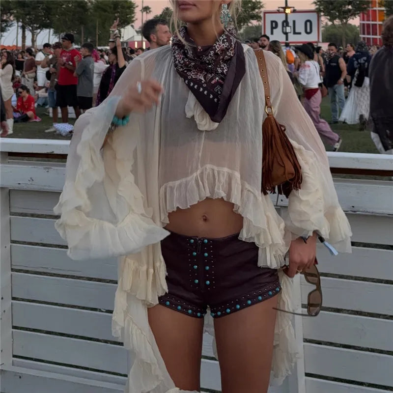 Women's Sheer Chiffon Ruffle Blouse Boho Flowy Kimono Sleeve Tie Neck Cover Up Top for Music Festival Beach Vacation