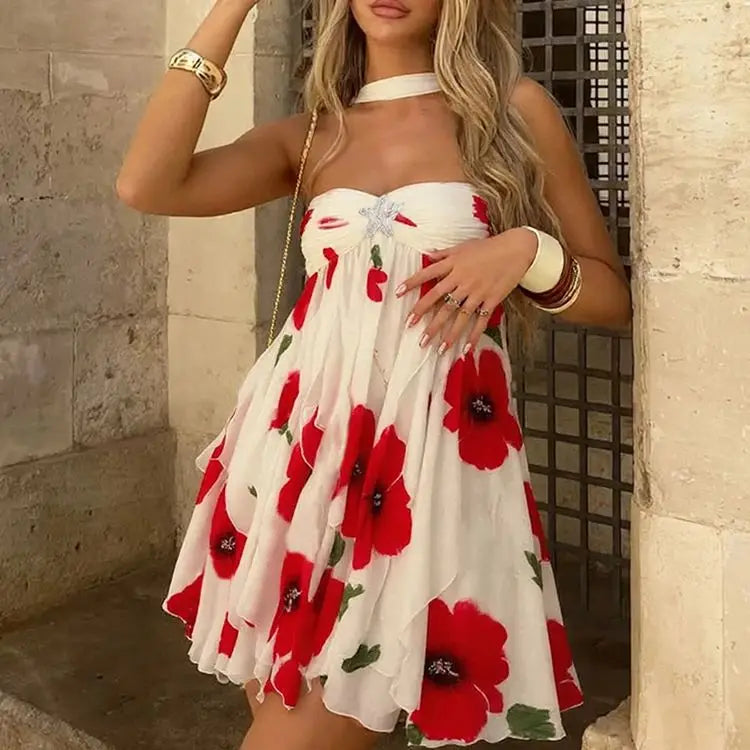 Metal Starfish Dress Women Low-Nec Chest Wrap Halter Irregular Ruffles Hem Backless Sleeveless Vacation Mini Bodycon