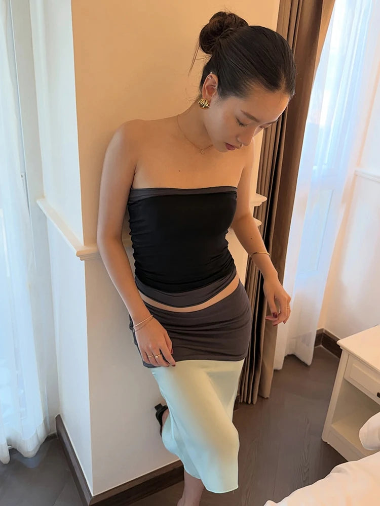 Color Blocking Patchwork 2-Piece Set Women Wrap Chest Simple Tank Tops+Classic Long Skirt Skinny Elegant Stretch Suit