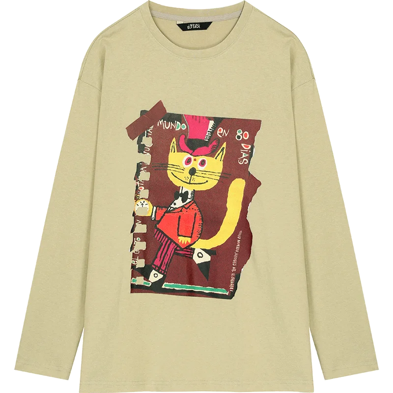 Khaki Cartoon Cat Print Long Sleeve T-Shirt for Women