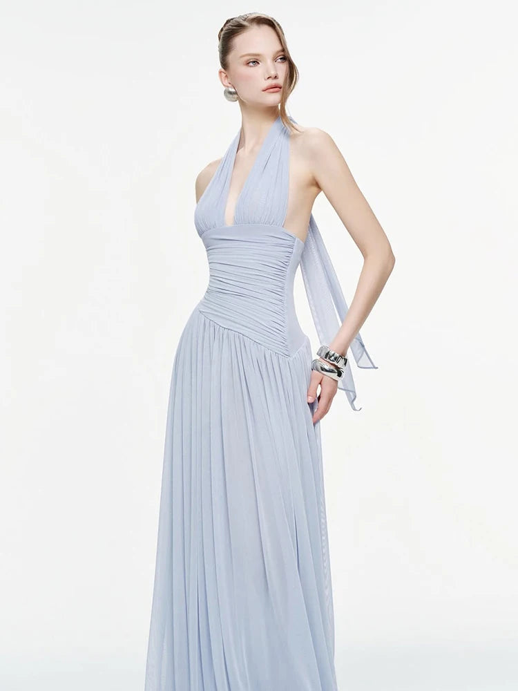 Backless Fashion Draped Maxi Dress Women Halter Bandage Tassel v-Neck Sleeveless Birthday Party Elegant Chic Vestidos