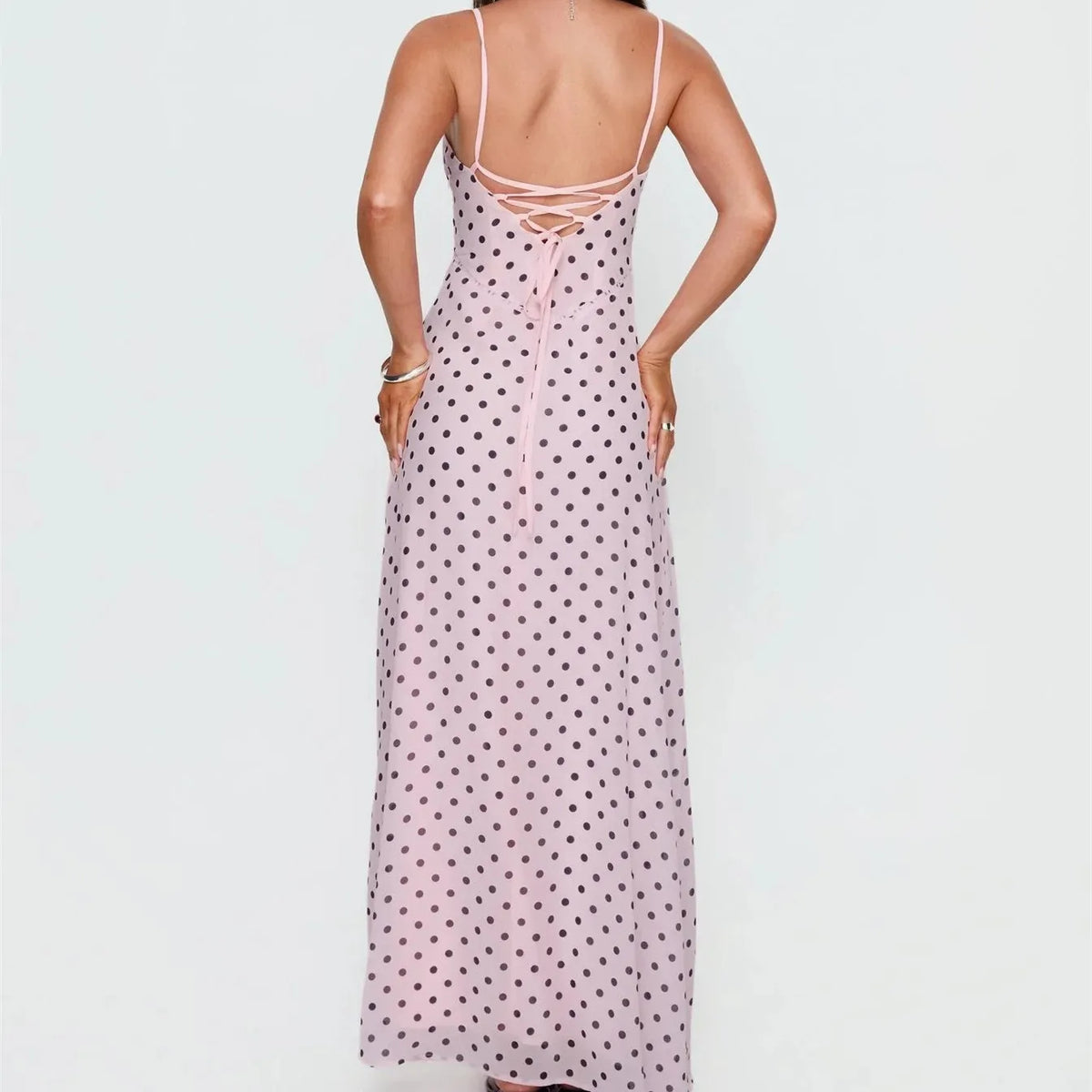 Y2K Polka Dot Print Maxi Dress for Women Spaghetti Strap Lace Up Back A Line Chiffon Long Dress for Elegant Wear