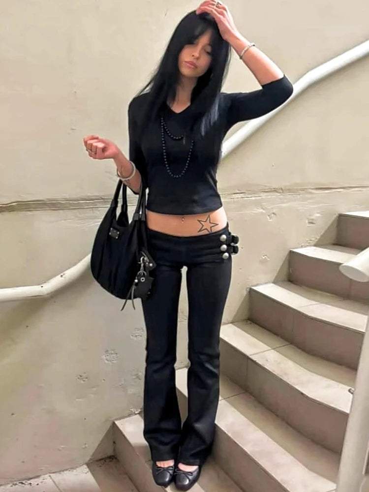 Double-Breasted Decoration Pants Women Metal Ring Tassel Elastic Waist Autumn Trend Street Daily Hottie Bell-Bottom