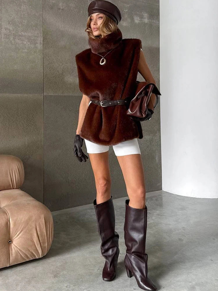 Furs Punk Furry Tank Tops Women Side Slits Stand Collar Simple Wild Sexy Hottie Street Midnight Club Vest  Outwear