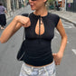 Women's Tie Front Keyhole Cutout Ruched Slim Fit Top Short Sleeve Crew Neck Y2K Sexy Casual Summer Streetwear Crop Top
