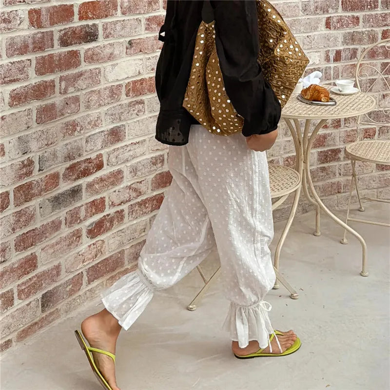 Women Swiss Dot Harem Pants Elastic Waist Ruffle Cuff Drawstring Hem Loose Bohemian Casual Holiday Beach Trousers