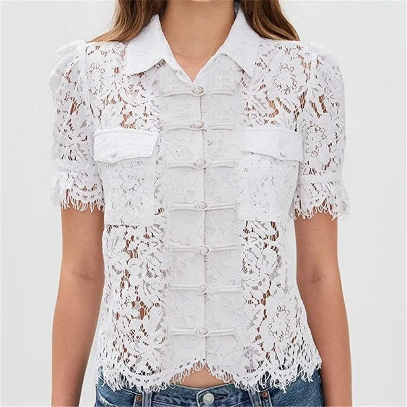 Vintage Floral Lace Blouse For Women Mandarin Collar Frog Button Puff Sleeve Sheer Hollow Out Shirt Solid Summer Party