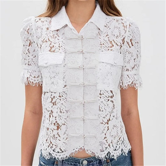 Vintage Floral Lace Blouse For Women Mandarin Collar Frog Button Puff Sleeve Sheer Hollow Out Shirt Solid Summer Party