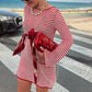 Striped Knit Mini Dress For Women Autumn Winter New O Neck Long Sleeve Contrast Color High Waist Beach Sexy Dress