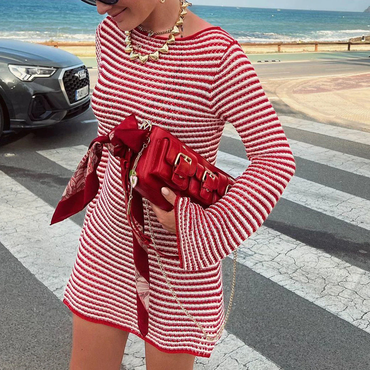 Striped Knit Mini Dress For Women Autumn Winter New O Neck Long Sleeve Contrast Color High Waist Beach Sexy Dress