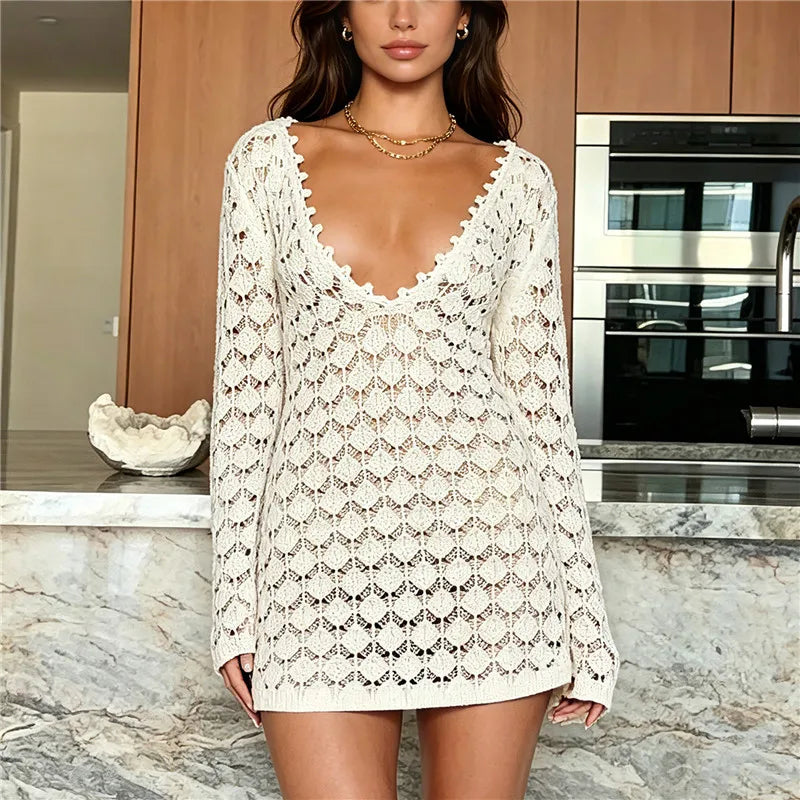 Women Crochet Knit Mini Dress Deep V Neck Long Sleeve Openwork Backless Tie-Up Bodycon Cover-Up Dress for Beach Vacation