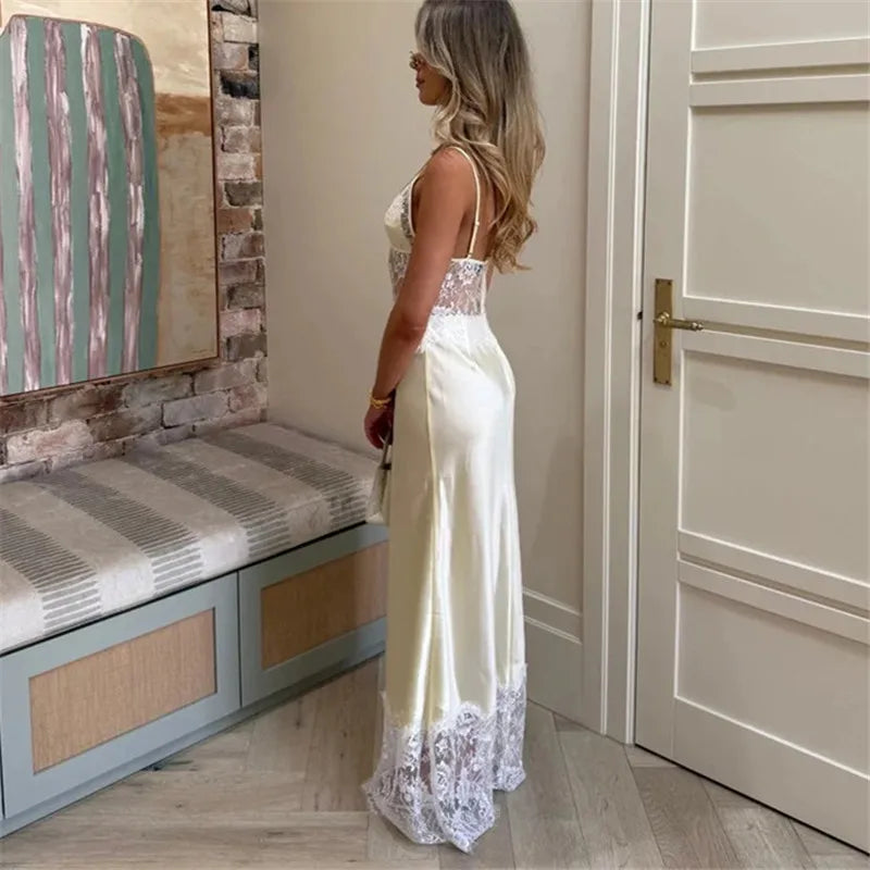 Y2K Sexy Womens Lace Satin Maxi Dress Deep V Backless Slip Dress Coquette Aesthetic Clubwear Party Night Out Formal Gown