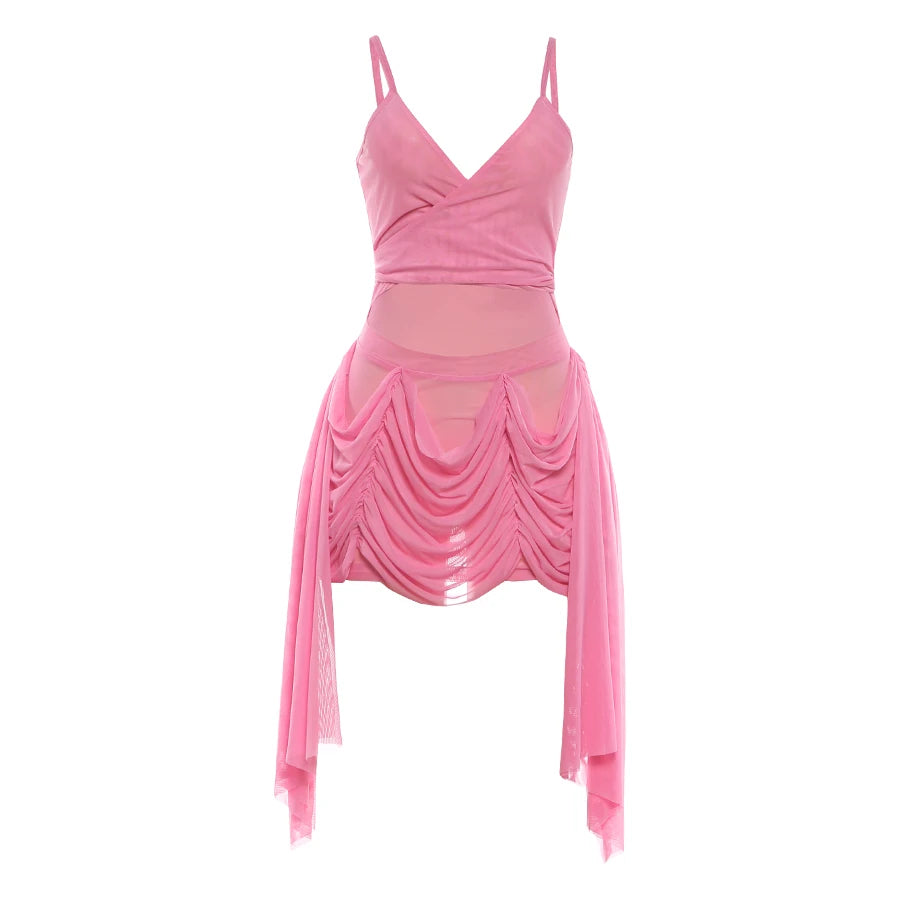 See Through Dress Women Waistless Summer Sexy Sleeveless Ruched Tassel Backless Vacation Midnight Party Club Bodycon