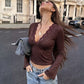 Polka Dot T Shirts Lace Trim Deep V Neck Long Flared Sleeves Fitted Crop Tops for Women Clothes Autumn 2026