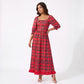 Women Christmas Holiday Tartan Plaid Long Dress Square Neck 3/4 Puff Sleeve Smocked Back Ruffle Hem Flowy Midi Dress