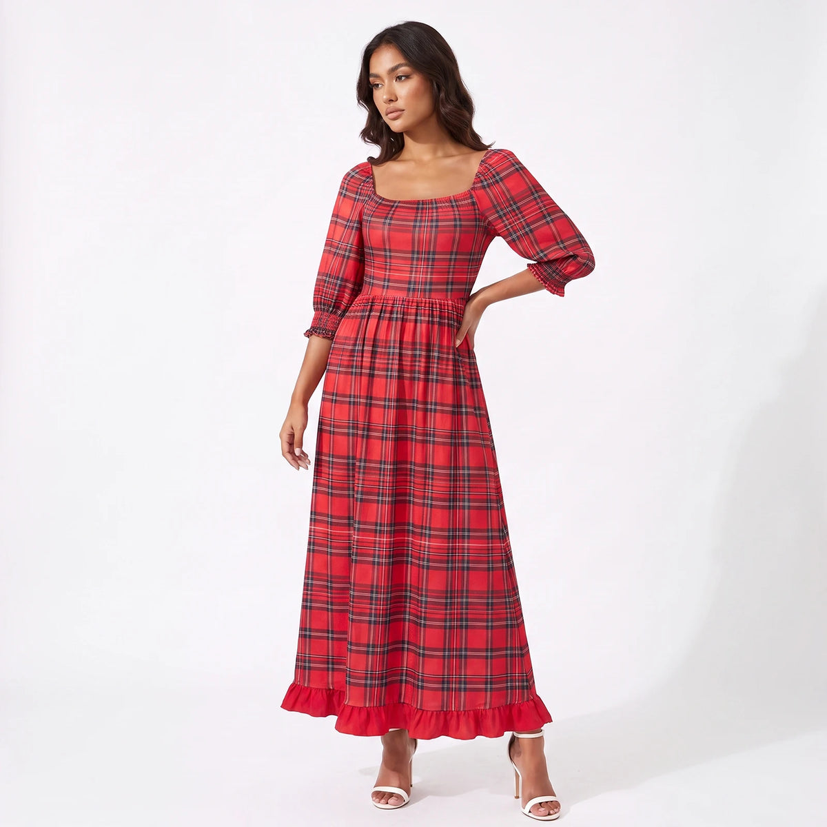 Women Christmas Holiday Tartan Plaid Long Dress Square Neck 3/4 Puff Sleeve Smocked Back Ruffle Hem Flowy Midi Dress