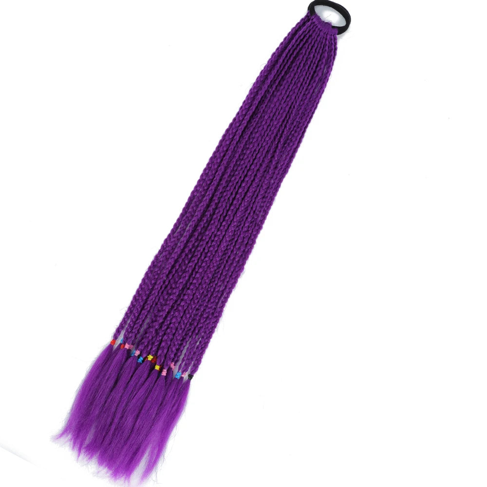 Synthetic 24inch Girls Colored Box Braided Ponytail With Elastic Rubber Band Hair Extensions Rainbow Color Box Pigtail Hairpiece