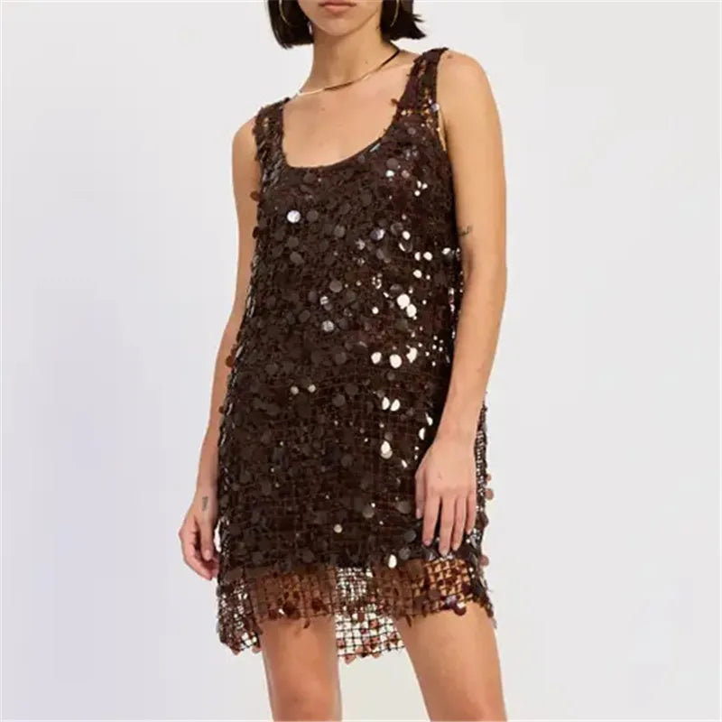 Women Sparkly Sequin Mesh Mini Dress U Neck Tie Back Sleeveless Loose Fit Dress Summer Beach Vacation Party Night Out