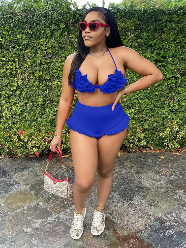 Beach Style 2 Piece Set Women Haltere Backless Ruched Bra+Ruffles Skinny Skirts Vacation Fashion Sexy Hipster Outfits