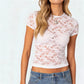 Women Sheer Floral Lace Crop Top Short Sleeve Round Neck Slim Fit See Through Blouse Summer Casual Streetwear Y2K Outfit
