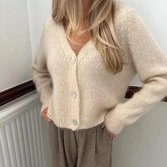Women Basic Knitted Cardigan Solid Color V Neck Long Sleeve Button-up Crop Sweater Casual Winter Fall Clothes