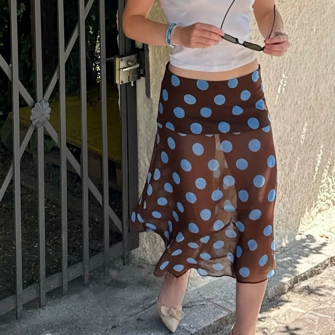 Elegant Blue Polka Dot Skirt Women's Asymmetrical Chiffon Midi Skirt Y2K Summer Fashion Holiday Party Casual Lady Skirt