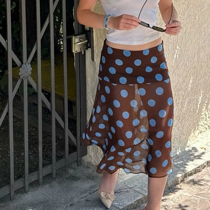 Elegant Blue Polka Dot Skirt Women's Asymmetrical Chiffon Midi Skirt Y2K Summer Fashion Holiday Party Casual Lady Skirt
