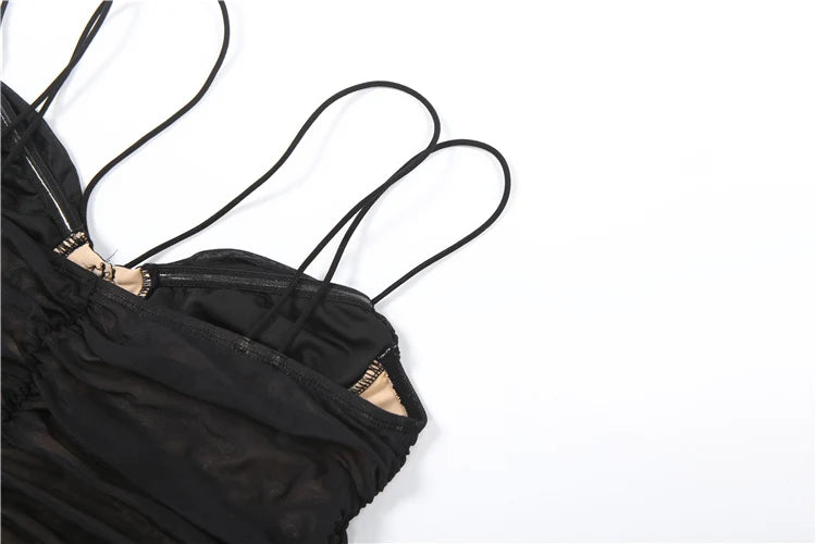 Folds Maxi Dress Women Low-Neck Peach Butt Sleeveless Patchwork Mesh Elasticity Sexy Slim Midnight Prom Party Vestidos