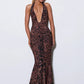 Leopard Print Backless Sexy Maxi Dress Women Gown Elegant Halter Deep V Neck Sleeveless Bodycon Draped Club Long Dress