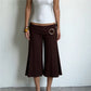 Women Metal Ring Ruched Waist Culottes Low Waist Wide Leg Cropped Pants Solid Color Flared Trousers Casual Streetwear