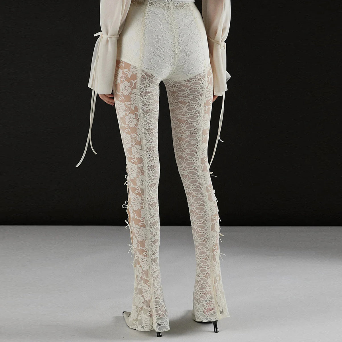 Women's Lingerie Lace Flare Pants High Waist Side Cutout Mini Bow Slim Fit Sheer Mesh Leggings Trousers Club Streetwear