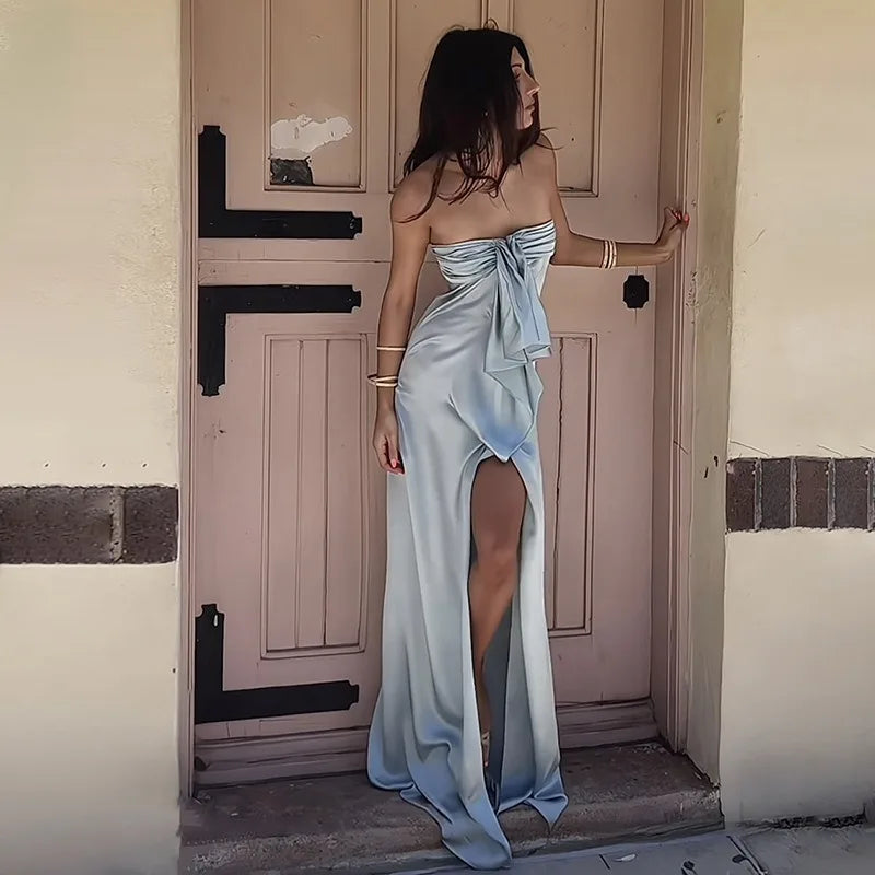 Front Bow Strapless Split Maxi Dress Elegant Satin White Dresses Wedding Party Outfit for Woman 2026